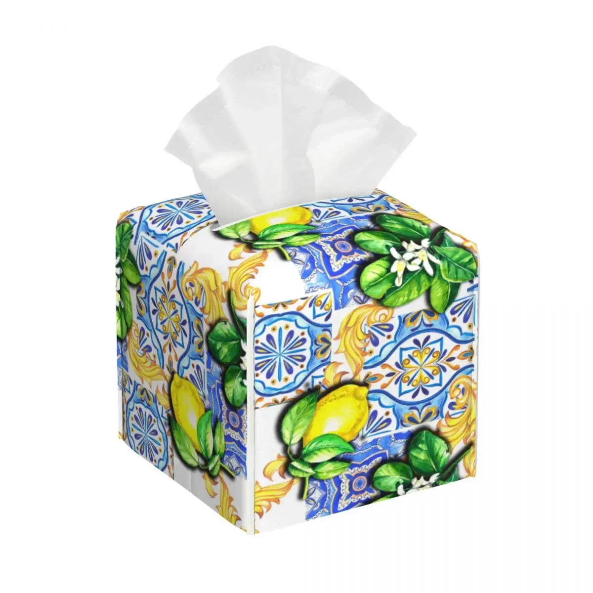 Custom Mediterranean Tiles Summer Fruit Lemons Facial Tissue Box Cover Square PU Leather Tissue Box Holder for Car Office