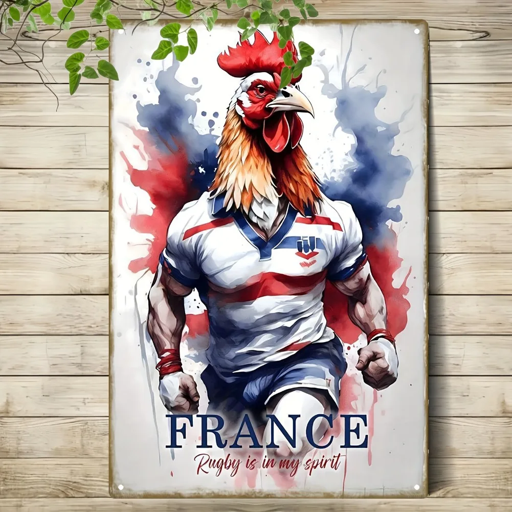 2D flach, 1 Stück Vintage Französisch Rugby Metall Wandkunst Schild – 20,3 x 30,5 cm Eisen Hahn in Frankreich Jersey mit Graffiti-Hintergrund