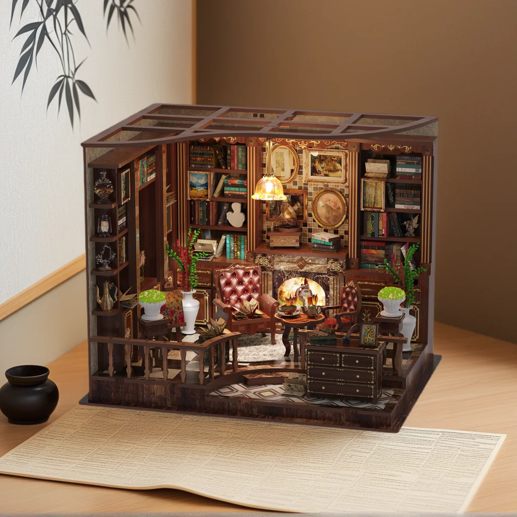 لتقوم بها بنفسك مجموعات بناء خشبية مصغرة ثلاثية الأبعاد البنك الأيسر غرفة الدراسة كوخ بيوت الدمى مع الأثاث كازا بيت الدمى لهدايا الأصدقاء #2