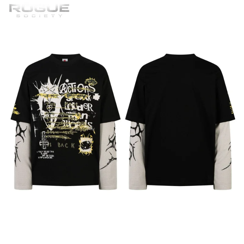 

Fake two Pieces T Shirts Streetwear Hip Hop Long Sleeve T-Shirt Y2K Letter Graffiti Printed Men Harajuku Punk Gothic Tops Luxury