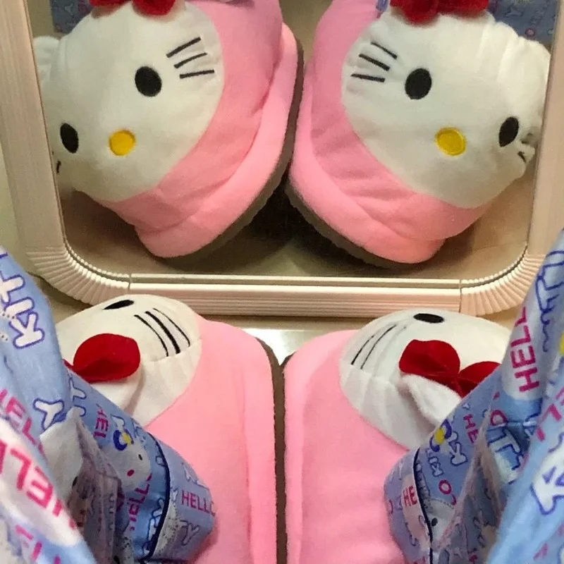 Pantoufles en coton Hello Kitty pour femmes, chaussures d\'hiver en peluche, pantoufles d\'intérieur mignonnes, pantoufles en fourrure coordonnantes,