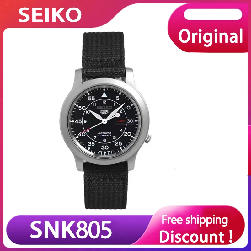 Original SEIKO SNK805 Men\'s Watch 5 Automatic Stainless Steel Watch with Green Canvas Mechanical Fashion Casual Men\'s Watch