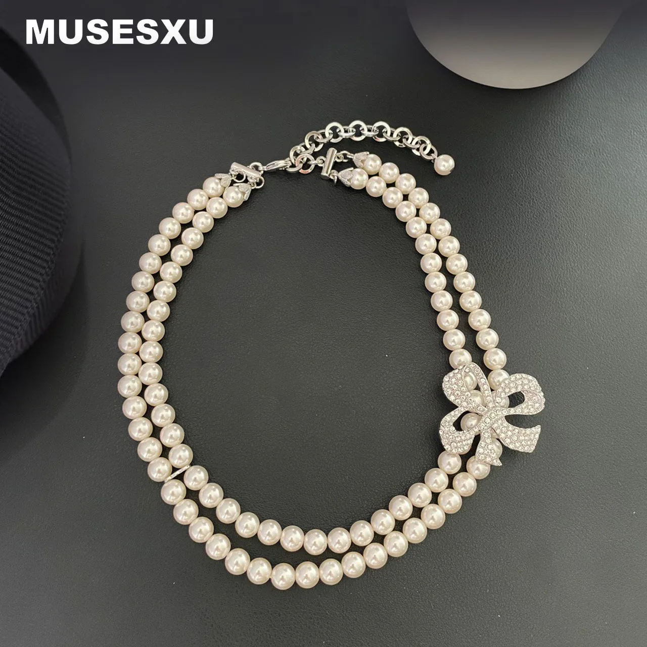 

Jewelry & Accessories Retro Romance Style Crystal Bow Double Layered Pearl Necklace For Women's Party Wedding Gifts