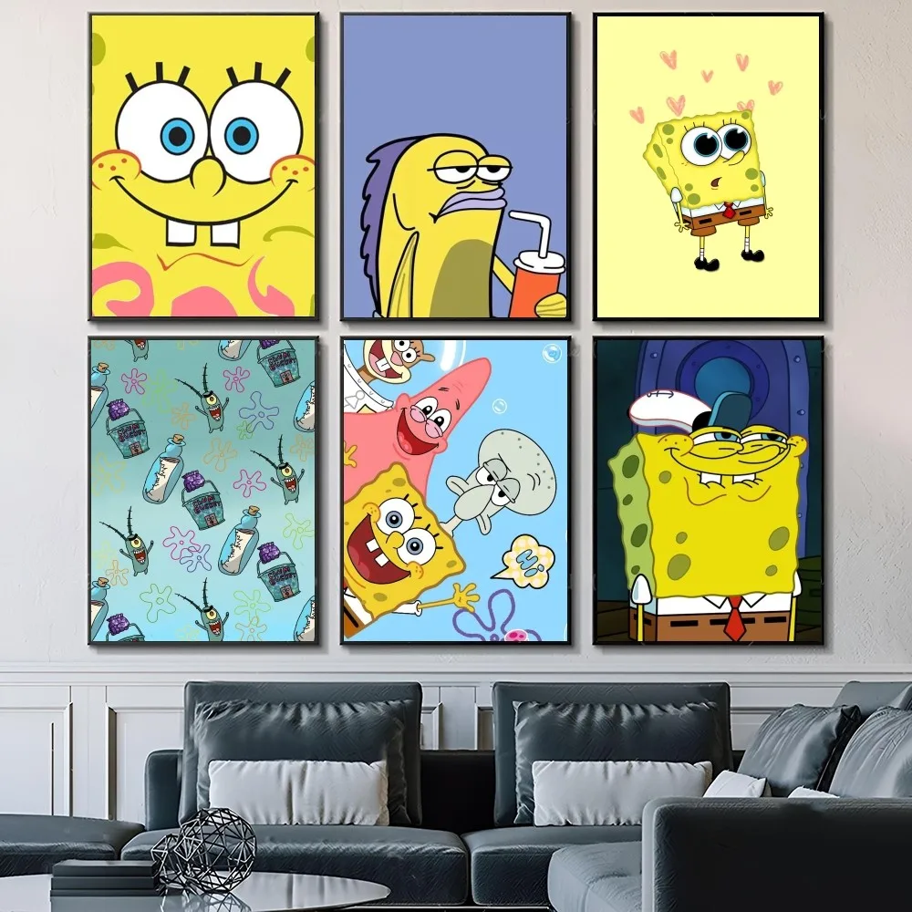 Anime S-Spongebobs Self-adhesive Art Waterproof Paper Sticker Coffee House Bar Room Wall Decor