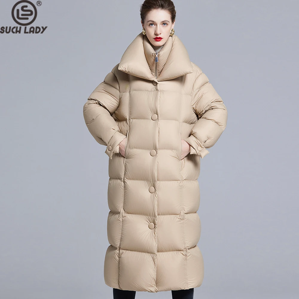 معطف منتفخ طويل جدًا للنساء مع ياقة كبيرة الحجم، سترة شتوية مبطنة باللون البيج، أناقة دافئة وبسيطة