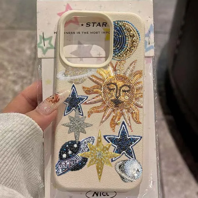 

For iPhone 16 15 14 13 12 11 Pro Max Case Mosaic Print Of Spaceships And Stars Lichee Pattern Cover For iPhone XS X XR 16e Funda