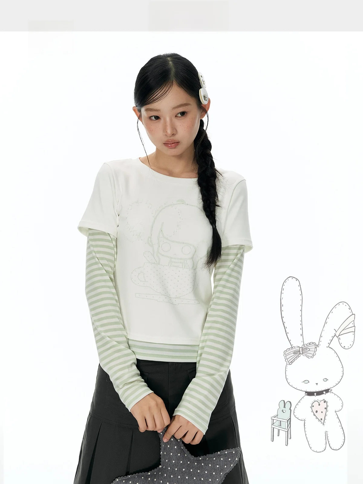 YUPH Original Shoulder Length Sleeve Print Soft Cute Pattern Green Stripes T-Shirt Korean Style Fake Two-Piece Women's Top