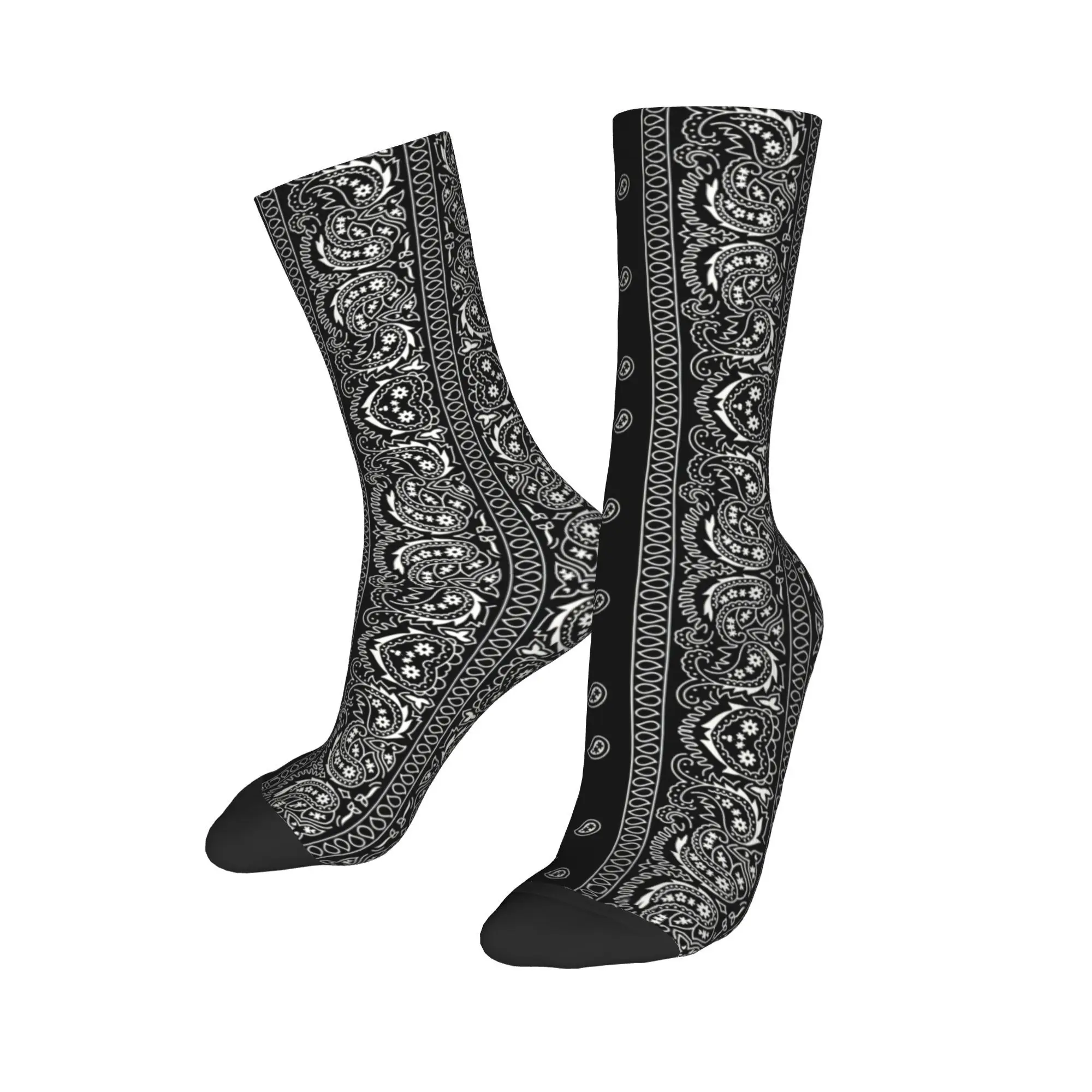 Custom Black And White Paisley Chicano Bandana Style Men Women Crew Socks Unisex Funny Black And White Spring Winter Dress Socks
