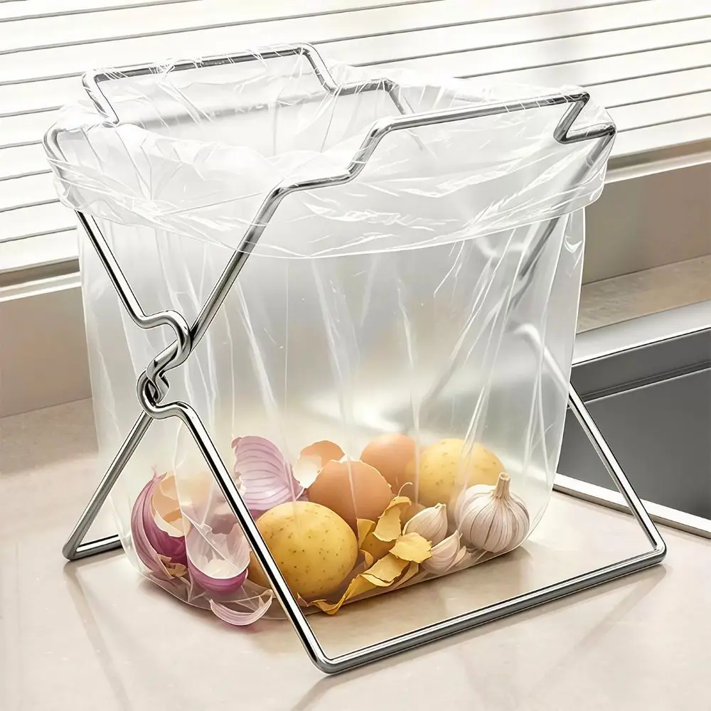 Stainless Steel Trash Bag Holder Foldable Reusable Kitchen Waste Rack Open Frame Freestanding Food Scrap Holder