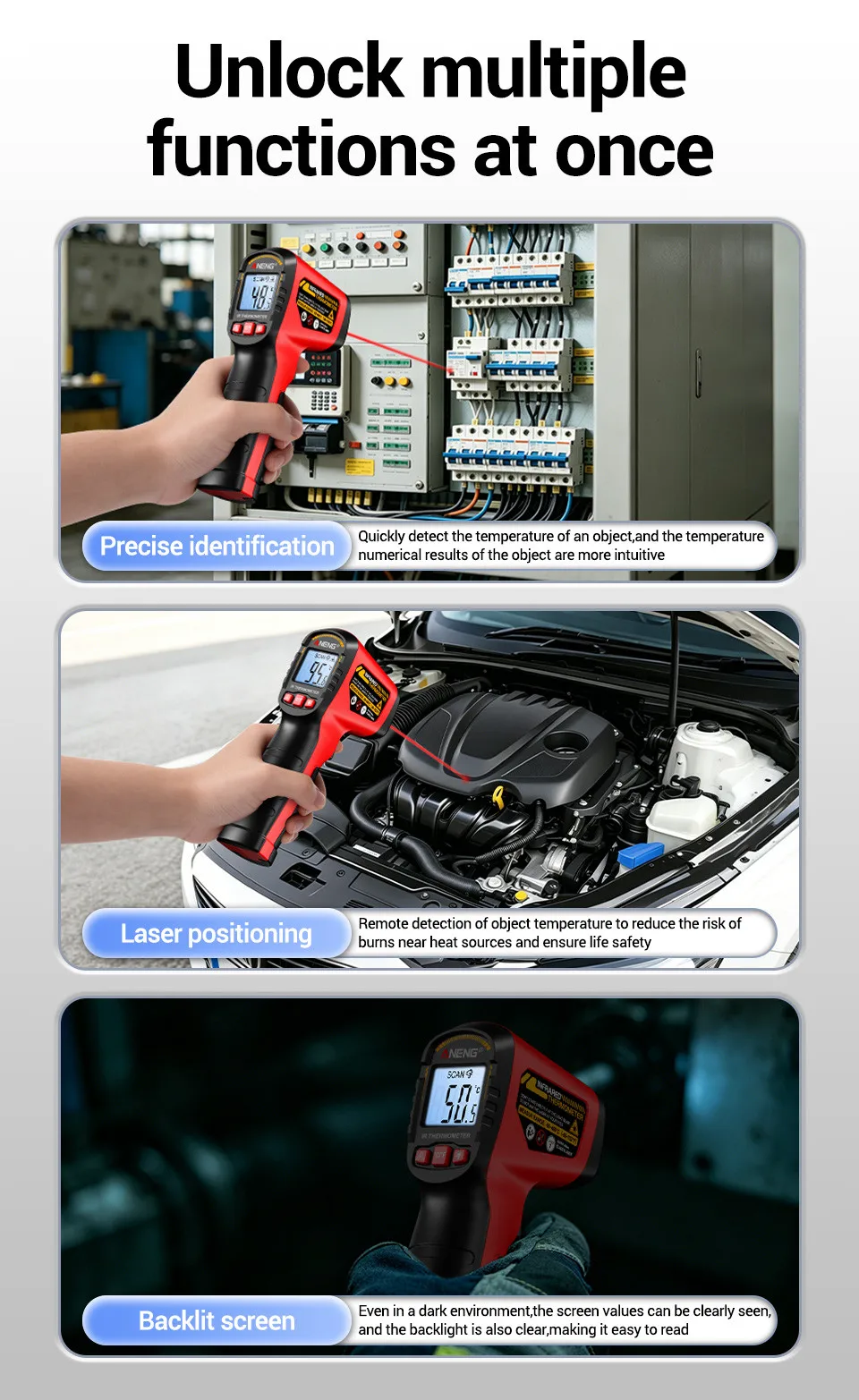 ANENG TH204 Infrarot-Thermometer Handgehaltene Temperaturmesspistole Berührungsloser Laser-Wärmetester -50-400 ° C für Industrie, Haushalt, Automobil – Detail 4