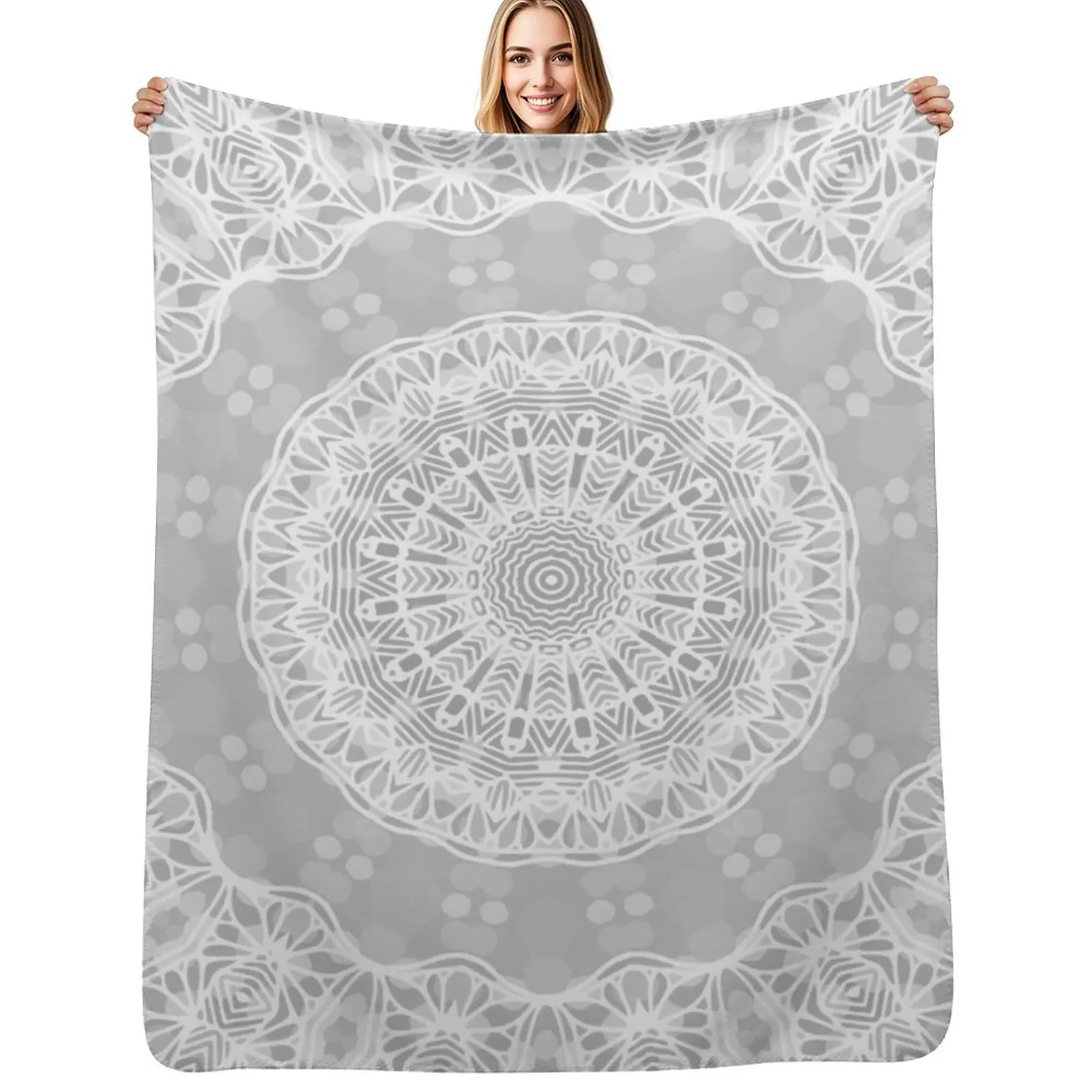 

Soft Gray Kaleidoscope Mandala Throw Blanket Cozy Microfiber Throw Blanket for Home Bedroom