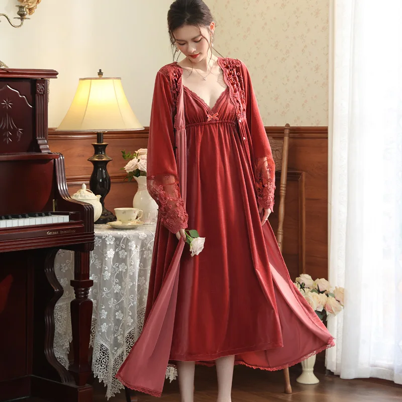 Women French Court Style Robe Set Soft Velour Lace Embroidery Homewear Long Kimono Sleepwear Bathrobe Wedding Dressing Gown