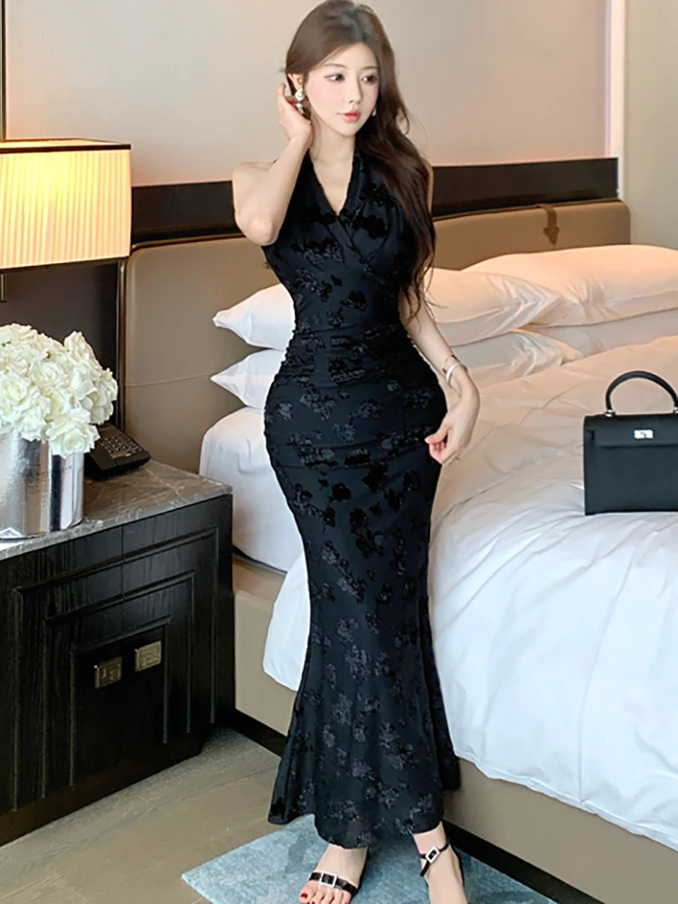 Abito da gala di lusso con volant pieghettato jacquard nero Abito da festival aderente vintage estivo da donna 2025 Abiti eleganti coreani Hepburn