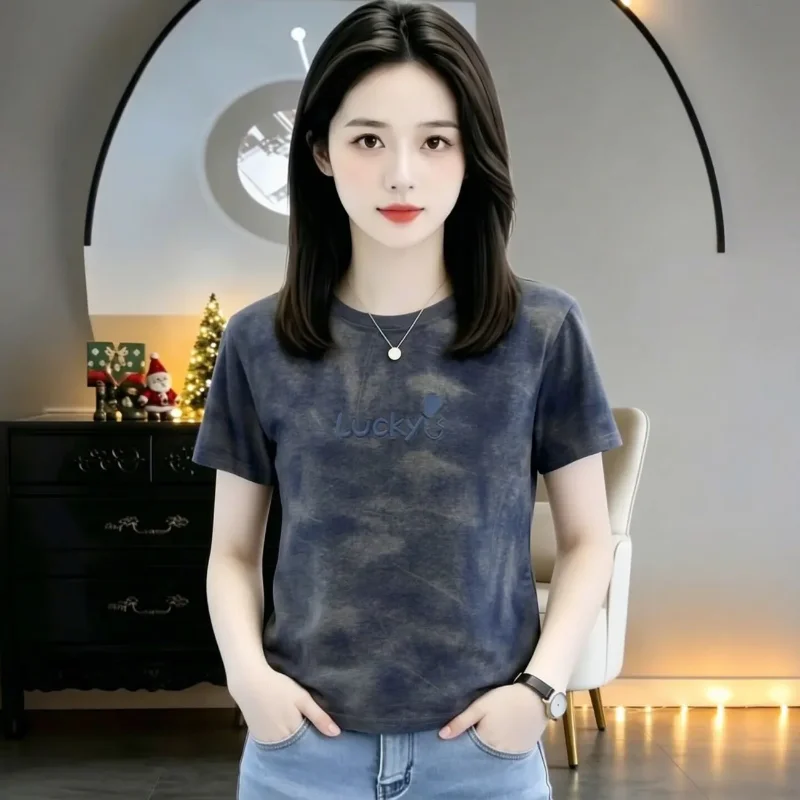 

Women's Tie Dye Lucky Embroidered Short Sleeve T-shirt Casual Crew Neck Top