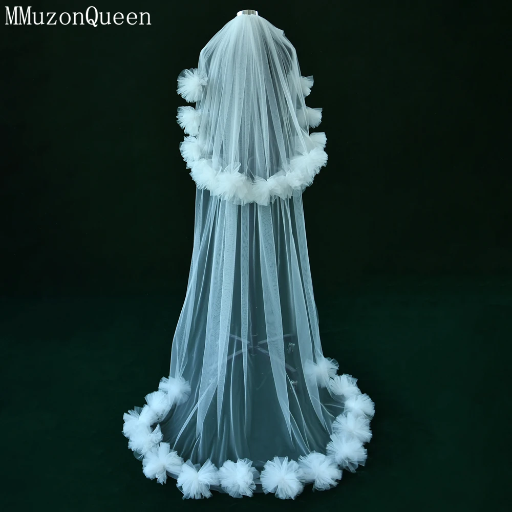 MMQ 3D Flower Bridal Headdress Waltz Wedding Veil Double layered White Tail Wedding Accessories Things for weddings M136 image 6