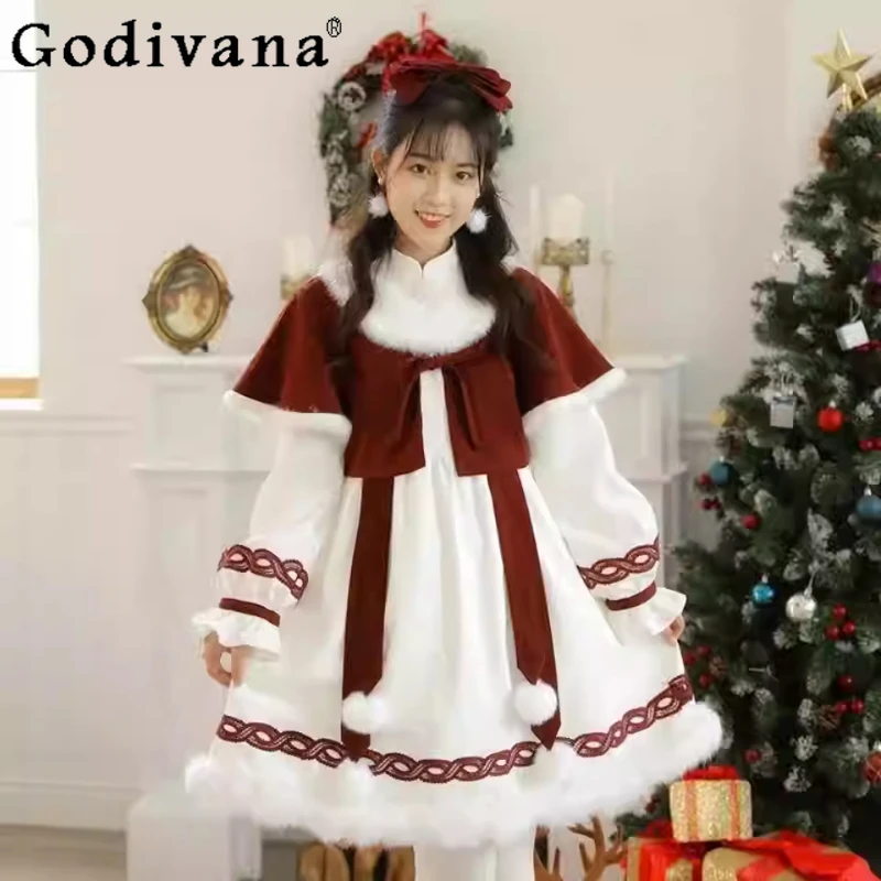 

Lolita Autumn Winter Chinese Thickened Fake Two-piece Dresses Sweet Girls High Waist A-line Long Sleeve Christmas Princess Dress