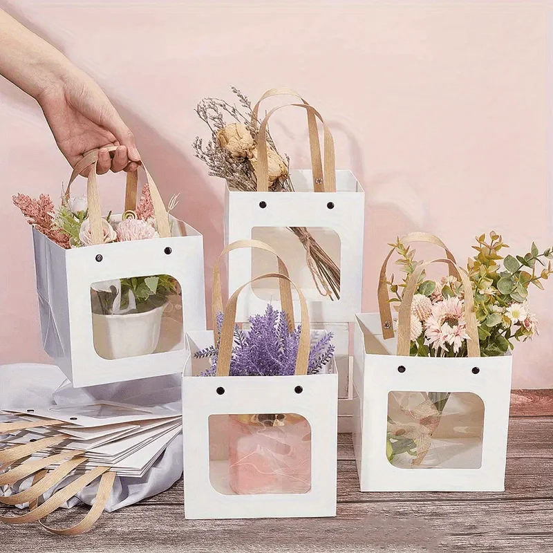 

Clear Square Window Paper Gift Bags with Handles, Birthday Wedding DIY Party Decor Favor Treat Bags, Suitable for Flowers