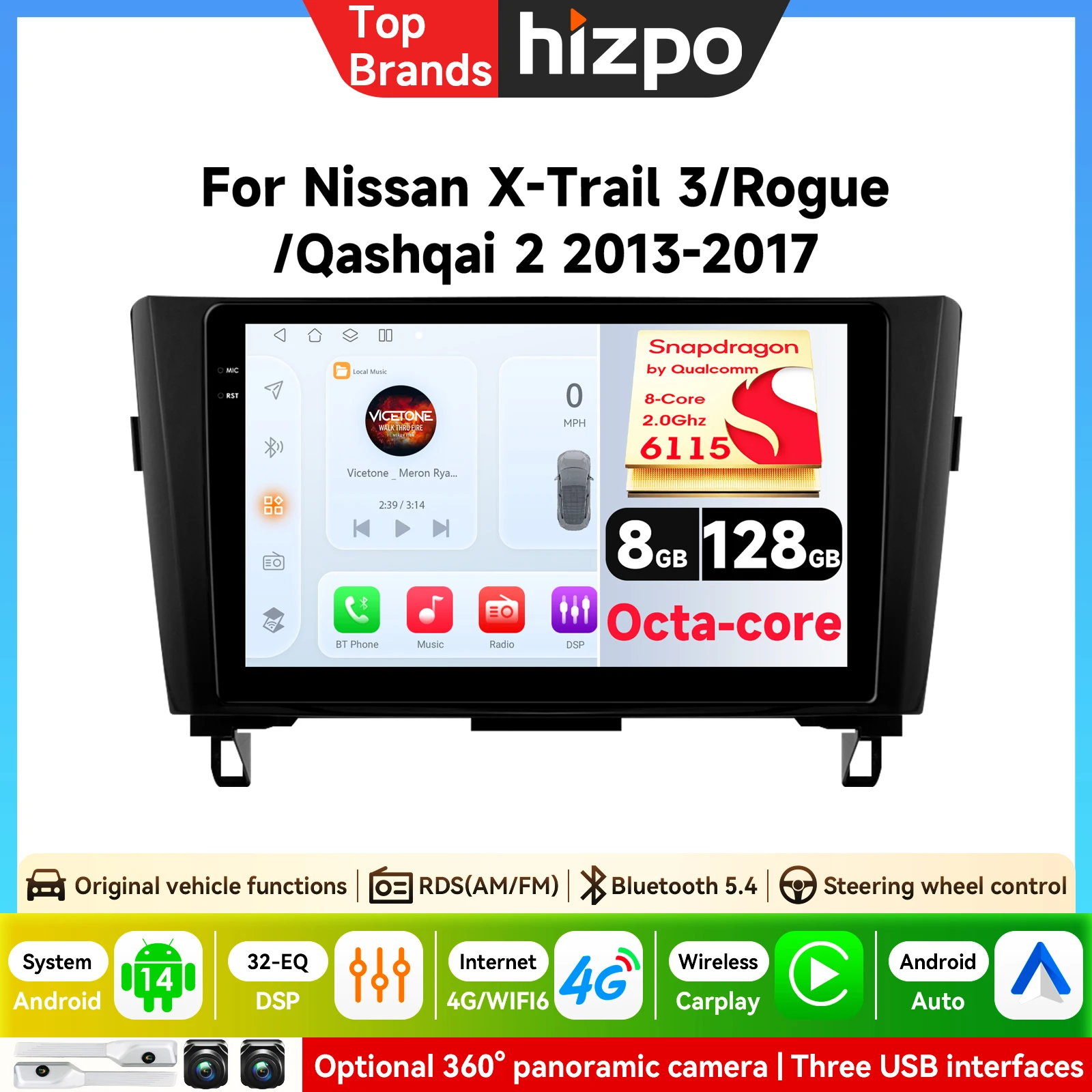 Hizpo Qualcomm 8-Kern 360 °   Panoramakamera Kabelloses CarPlay Android Auto Autoradio für Nissan Qashqai J11 X-Trail 3 2013 - 2017