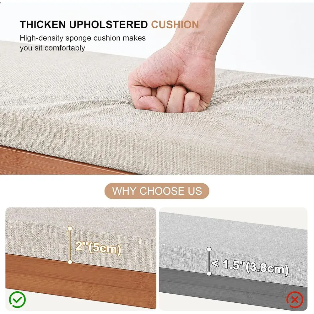 ชั้นวางรองเท้าไม้ไผ่ 3 ชั้น พร้อมเบาะหนานุ่ม ฝาพับเก็บได้ และช่องเก็บของด้านข้าง รับน้ำหนักได้ถึง 550 ปอนด์ เหมาะสำหรับทางเข้าบ้าน ห้องนั่งเล่น และห้องนอน