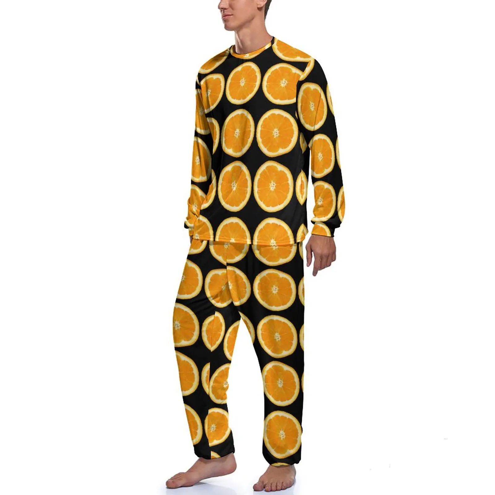 Oranges Slices Pajamas Long Sleeve Fruits Print 2 Piece Sleep Pajama Sets Spring Male Graphic Fashion Sleepwear