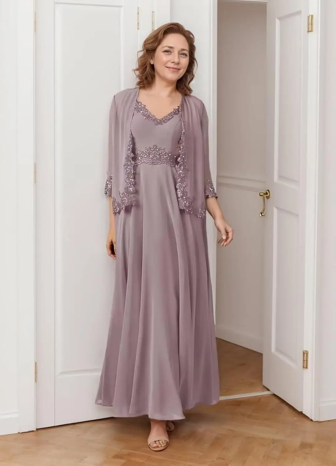 

2 Piece Mother of The Bride Dresses Lace Chiffon V Neck Grandmother of The Groom Dresses
