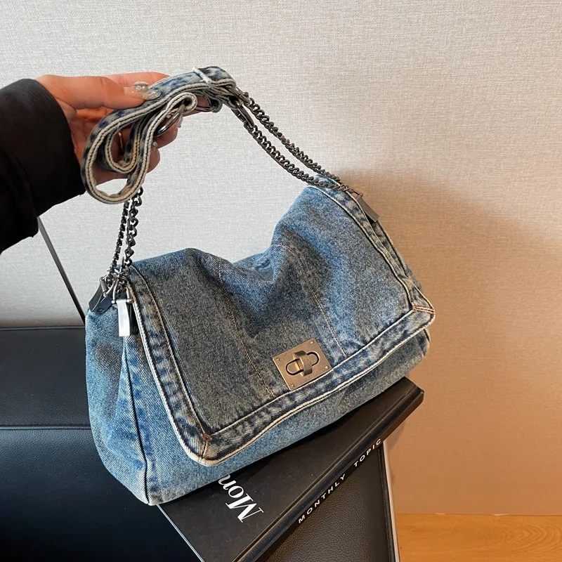 

Denim Tote Bag with Metal Buckle and Chain Strap Deep Blue Light Blue Black Vintage Design for Women Shoulder Crossbody Bag