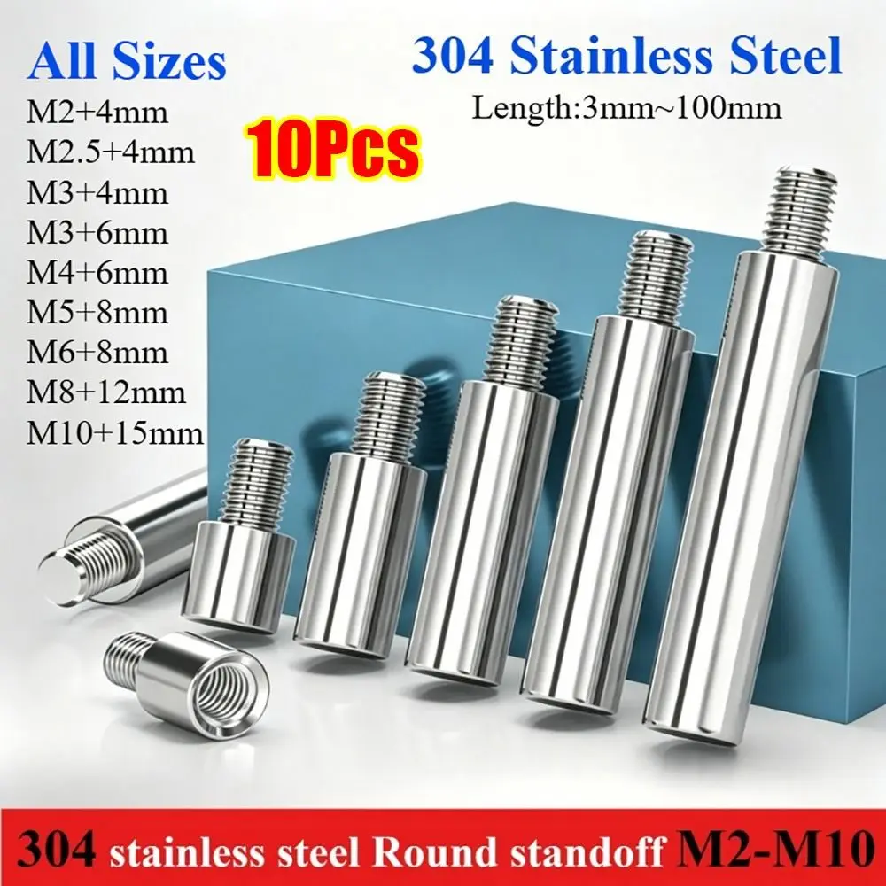 10Pcs M2-M10 Threaded Pillar 304 Stainless Steel Single Head Round Spacing Column Round Male Female Isolation Column