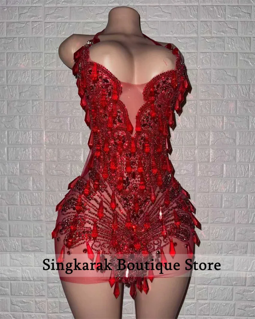 

Customized Red Halter Mini Short Prom Dresses For Black Girls Sparkling Beaded Diamond Birthday Party Dresses Homecoming