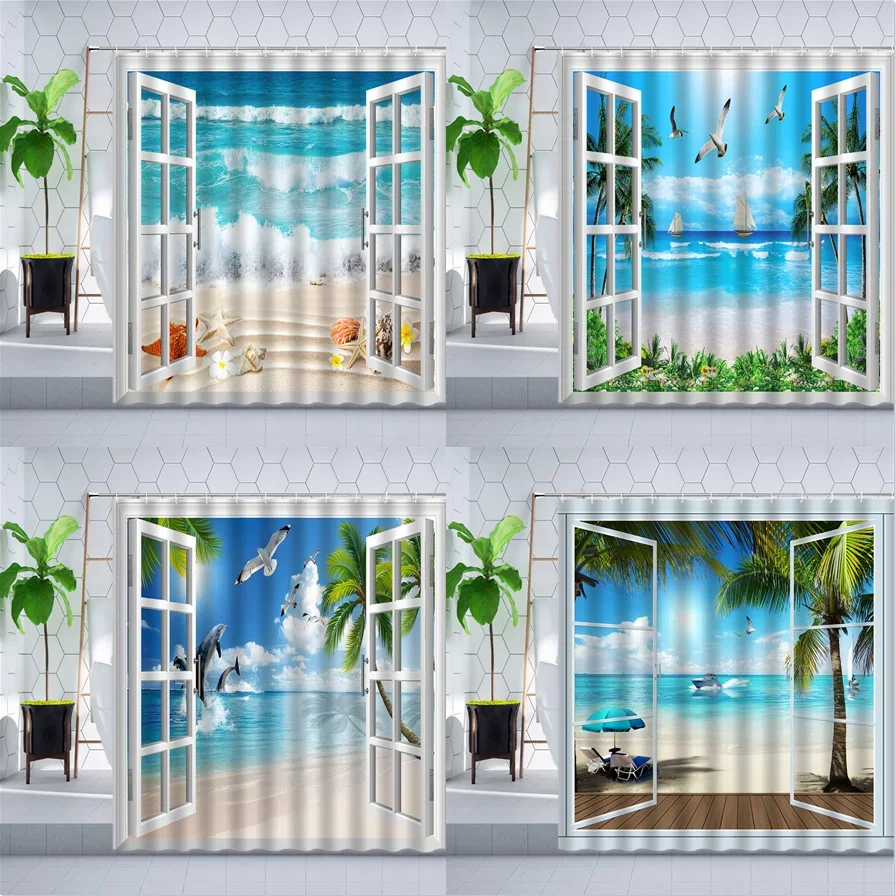 3D Window Ocean Scenery Shower Curtain Summer Beach Palm Tree Seagull Shell Bathroom Decor Bathtub Screen Hanging Curtains Sets