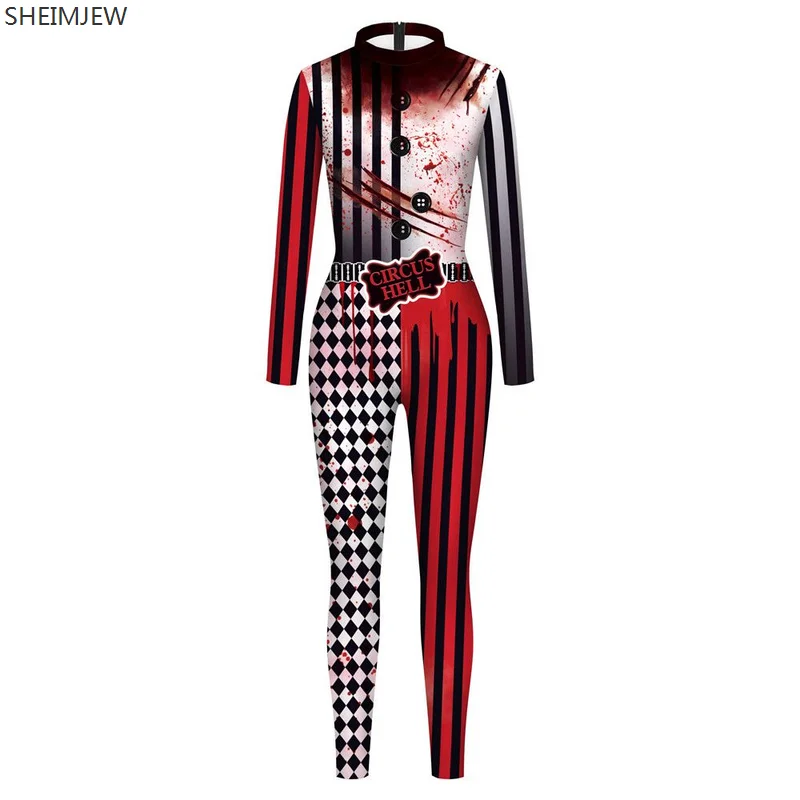 Women Men Circus Hell Printed Scary Jumpsuit Halloween Party Cosplay Zentai Suits Bodysuit Adults Fitness Catsuit Rave Outfits