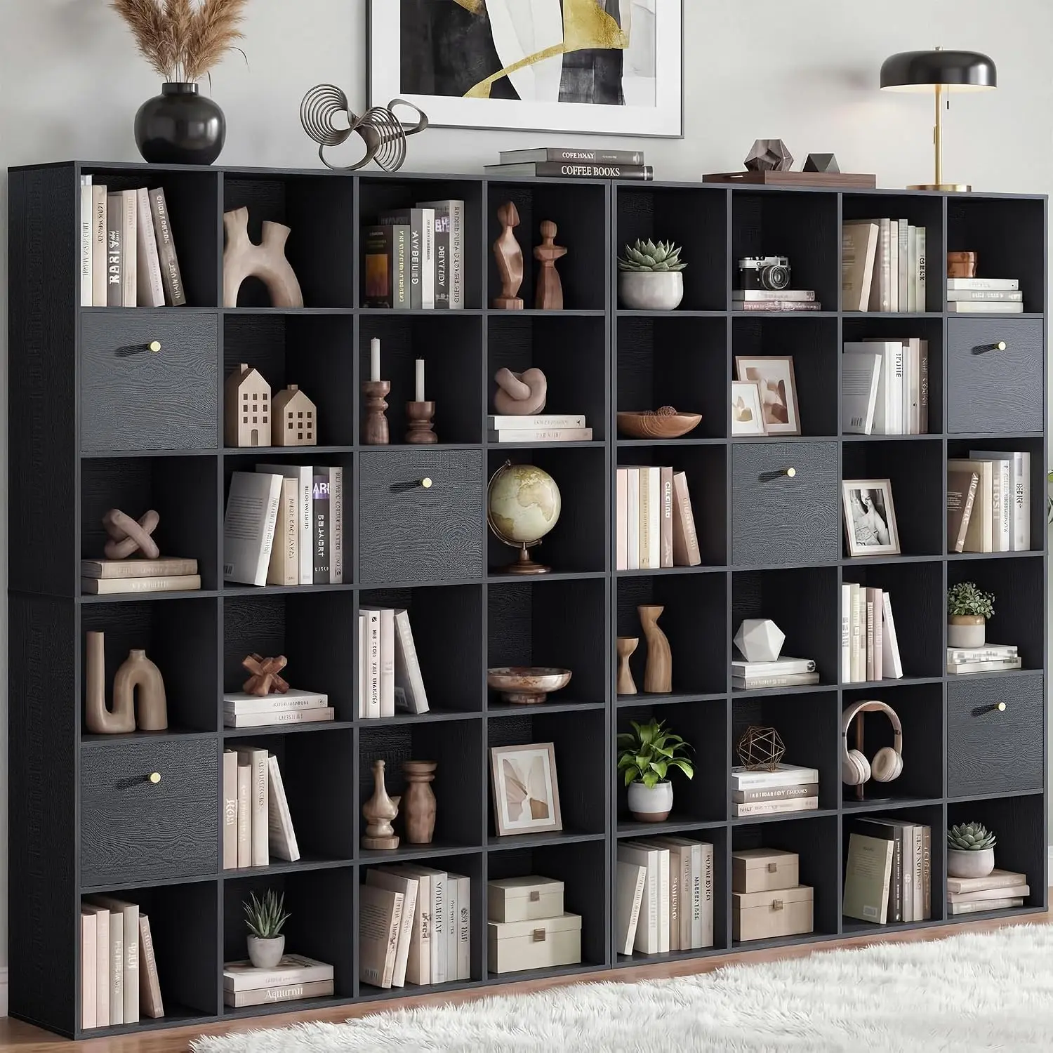 2-Pack 24 Shelves Bookcase 3 Bins Black Wood Grain Shelf Bedroom Living Room Office, Customized