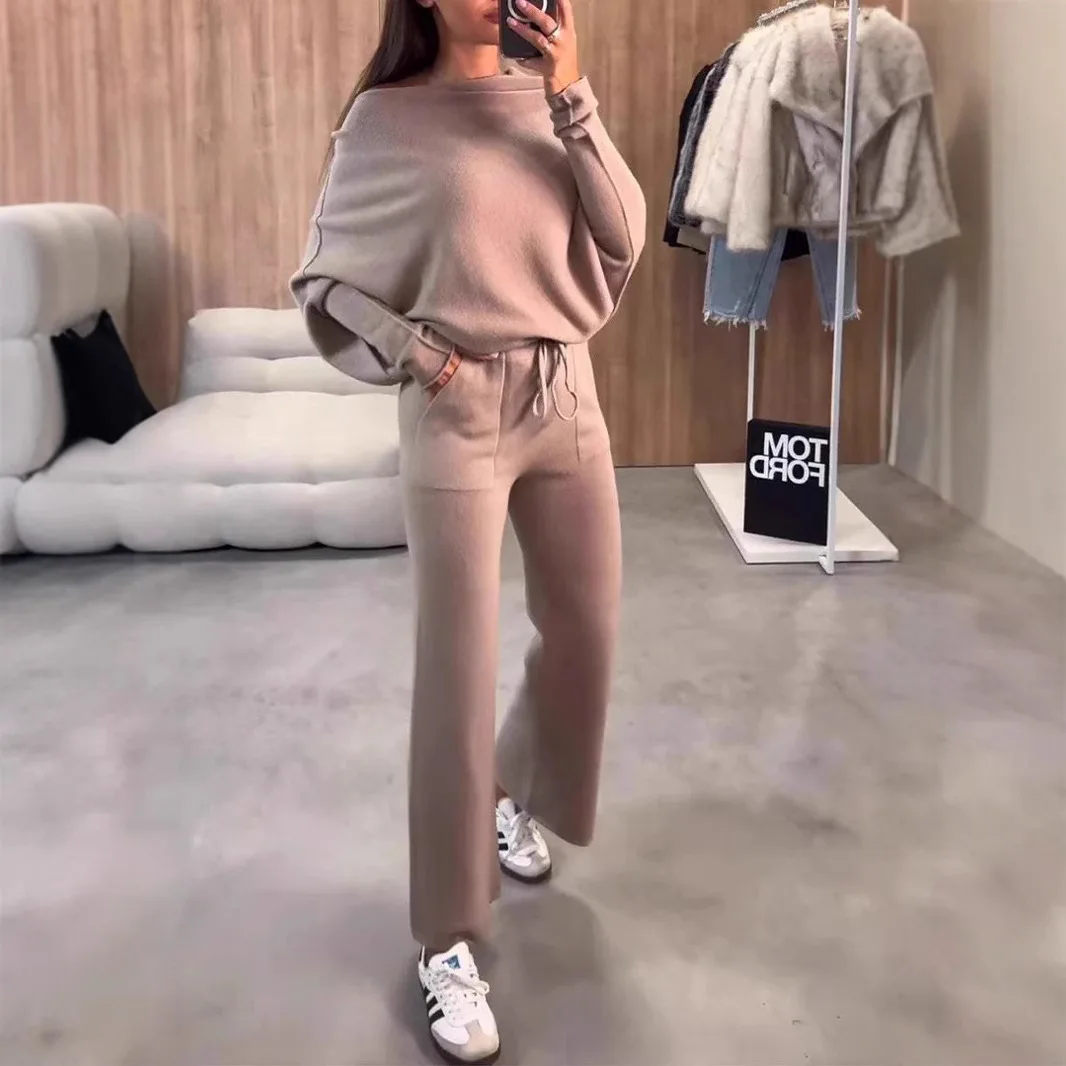 

Delong Batwing Sleeve Tops Two Piece Sets Women Sexy Off Shoulder Pullover Pants Sets Autumn Winter Solid Wide Leg Pants Outfits
