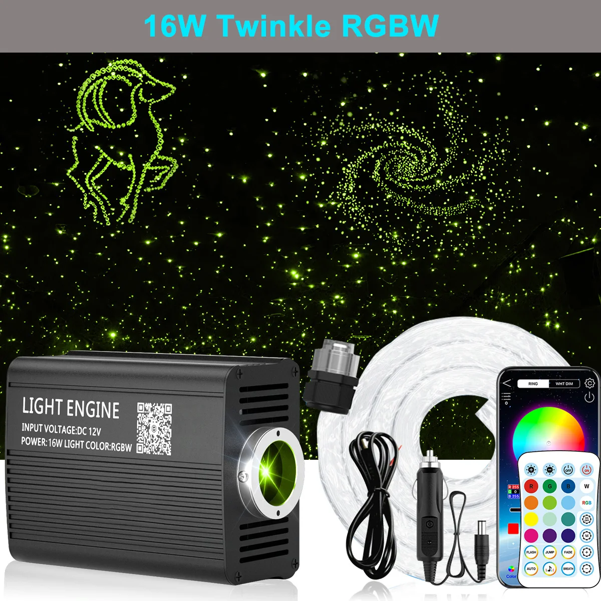 

16W Fiber Optic Star Ceiling Light Kit with 500pcs*9.8ft*0.75mm Bluetooth RGBW Music Activated for car, Twinkle/ without Twinkle