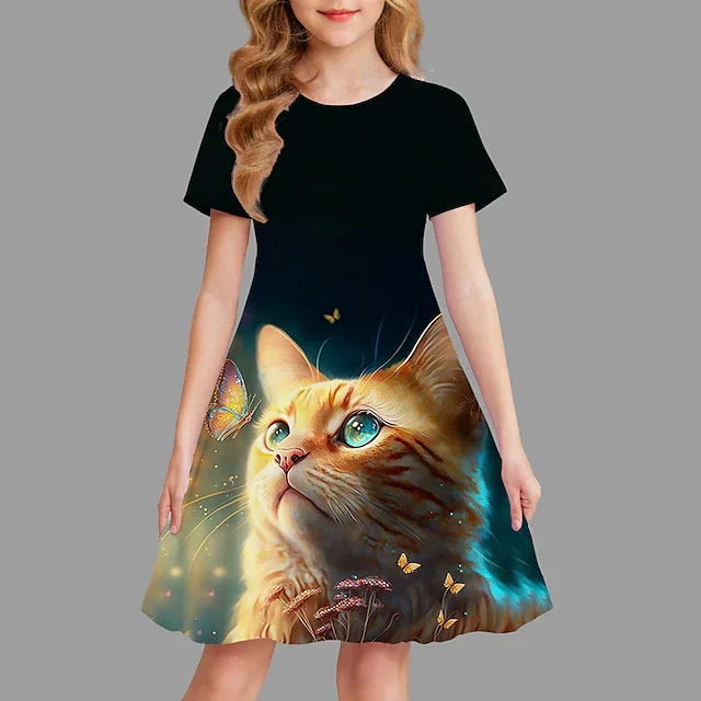 Girls' 3D Graphic Animal Cat Dress Short Sleeve 3D Print Summer Spring Sports Outdoor Daily Holiday Cute Casual Sweet Kids