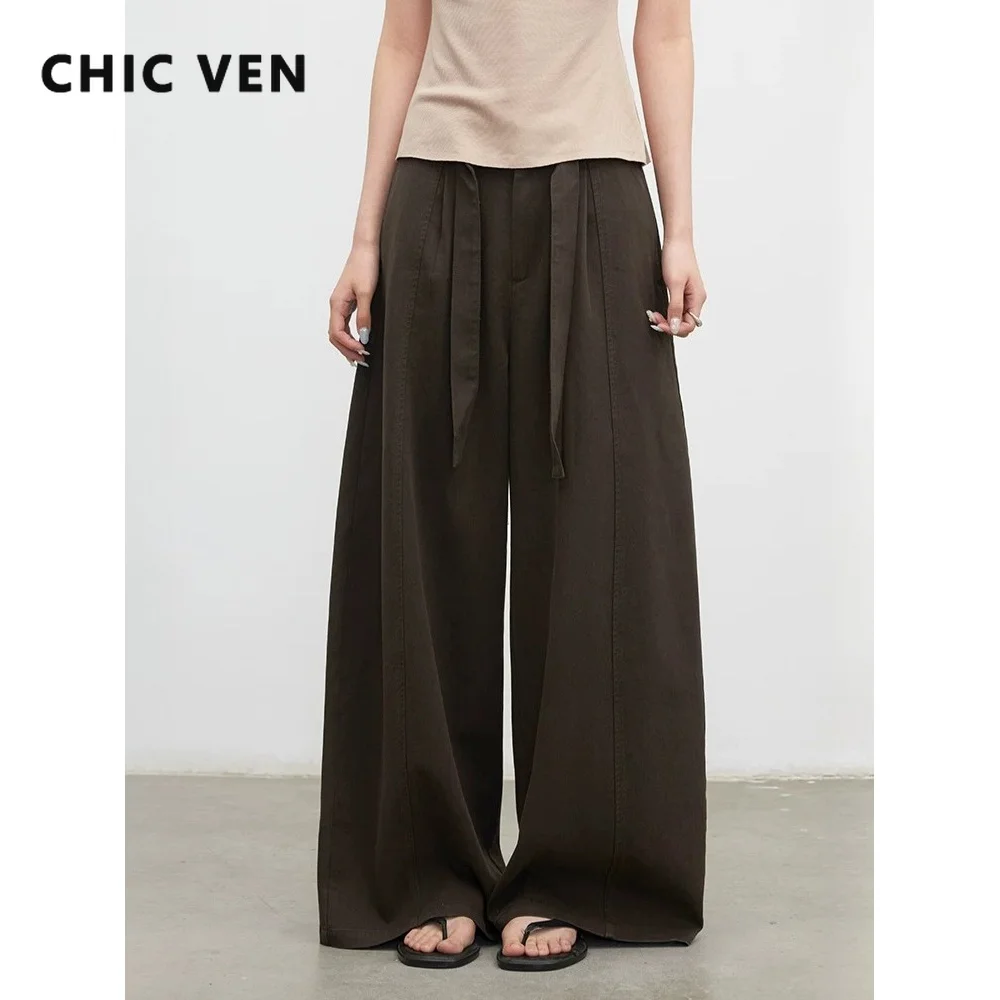 CHIC VEN Korean Women Casual Pant Loose Casual High Waisted Ribbon Female Wide Leg Trousers Spring Autumn 2026 Pluz Size Clothes