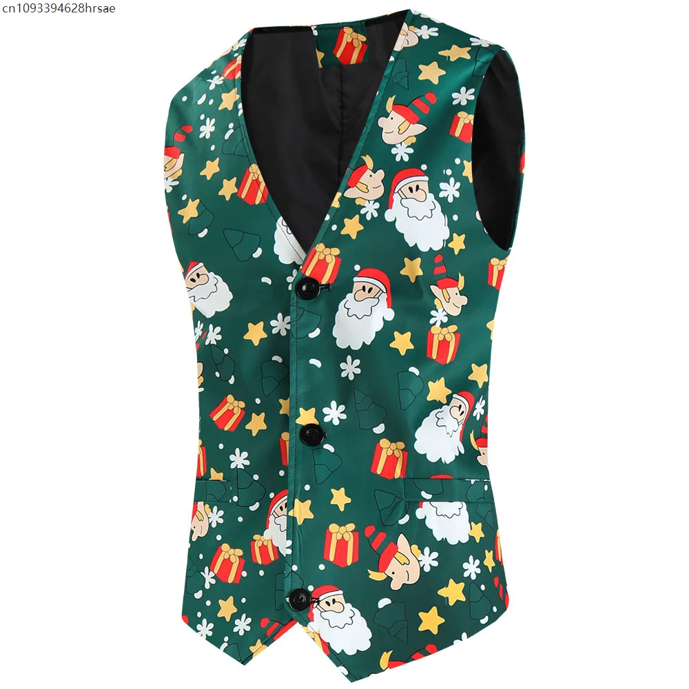 

Mens Christmas Suit Vest Single-Breasted Tank Holiday Festival Xmas Elk Snowflakes Printed Jacquard Waistcoat Halloween Party