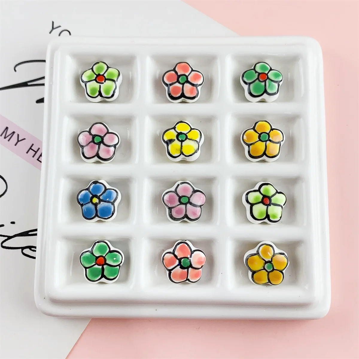 5Pcs 15mm Hand Drawn Colorful Ceramic Flowers Beads Loose Spacer Beads For Jewelry Making DIY Necklace Bracelet Accessories