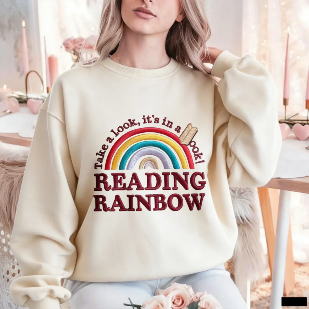 Reading Rainbow Take A Look Women's Sweatshirt DTF Print Embroidered Style Pullover, Retro Book Lover Gift for Avid Readers