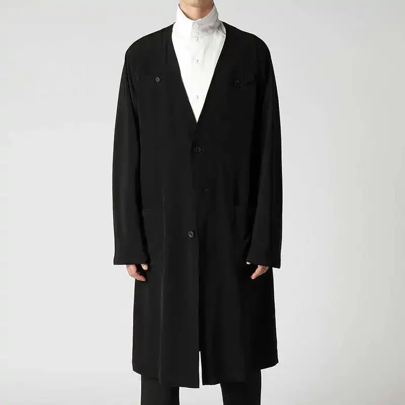 

YOJI OOAK Solid color single breasted mid-length coat V-neck button decorated cardigan top men's coat trend