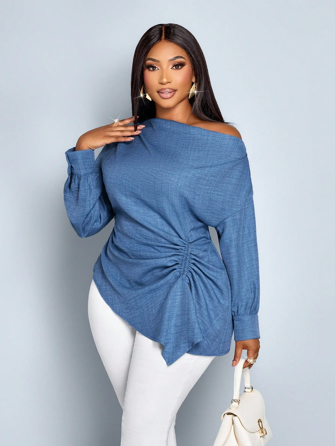 

Блузка больших размеров с открытыми плечами, длинными рукавами, драпировкой и асимметричным подолом, синий тканый топ для осени, зимы, свиданий и шопинга