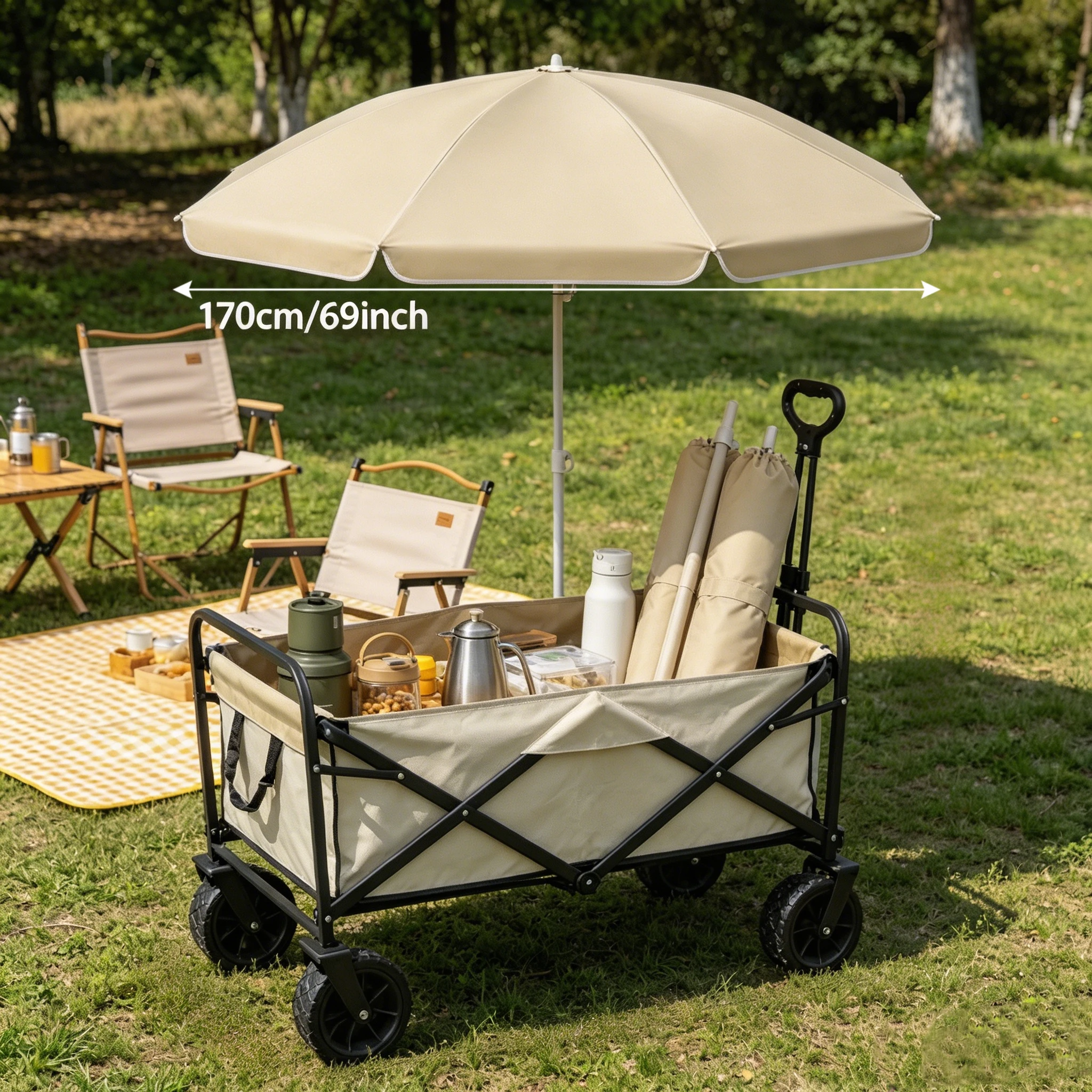 Beige Detachable Pole Beach Sun Umbrella Compact Foldable Backpack Storable Outdoor UV Protection Parasol for Patio