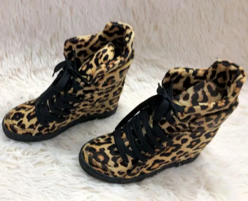 Real picture Femme Yellow Leopard horsehair inner wedge Ankle Boots 8cm Height Increased Rim Rubber Sole hidden Wedge Boots