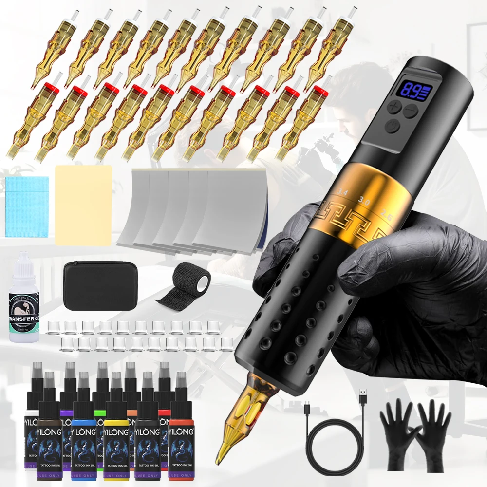 

YILONG New Tattoo Ink Kit Wireless Tattoo Machine 20pcs needle Permanent Makeup Adjustable Stroke Professional Tattoo