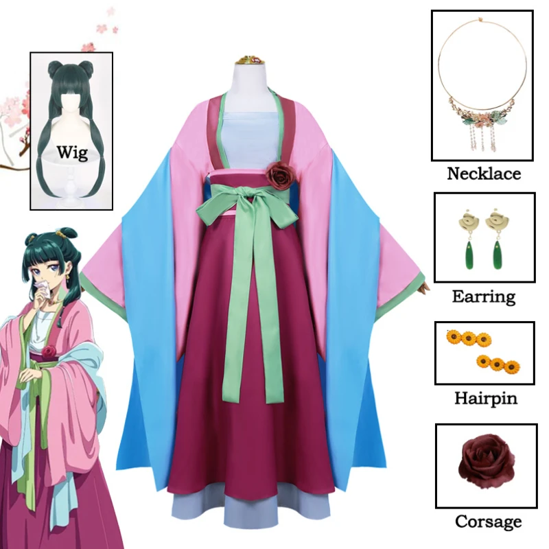 Traje de Cosplay Anime com Peruca para Mulheres, The Explosion Diaries Vestido, Saia, Top Verde, Grampo de Cabelo, Kusuriya No Hitorigoto, Halloween