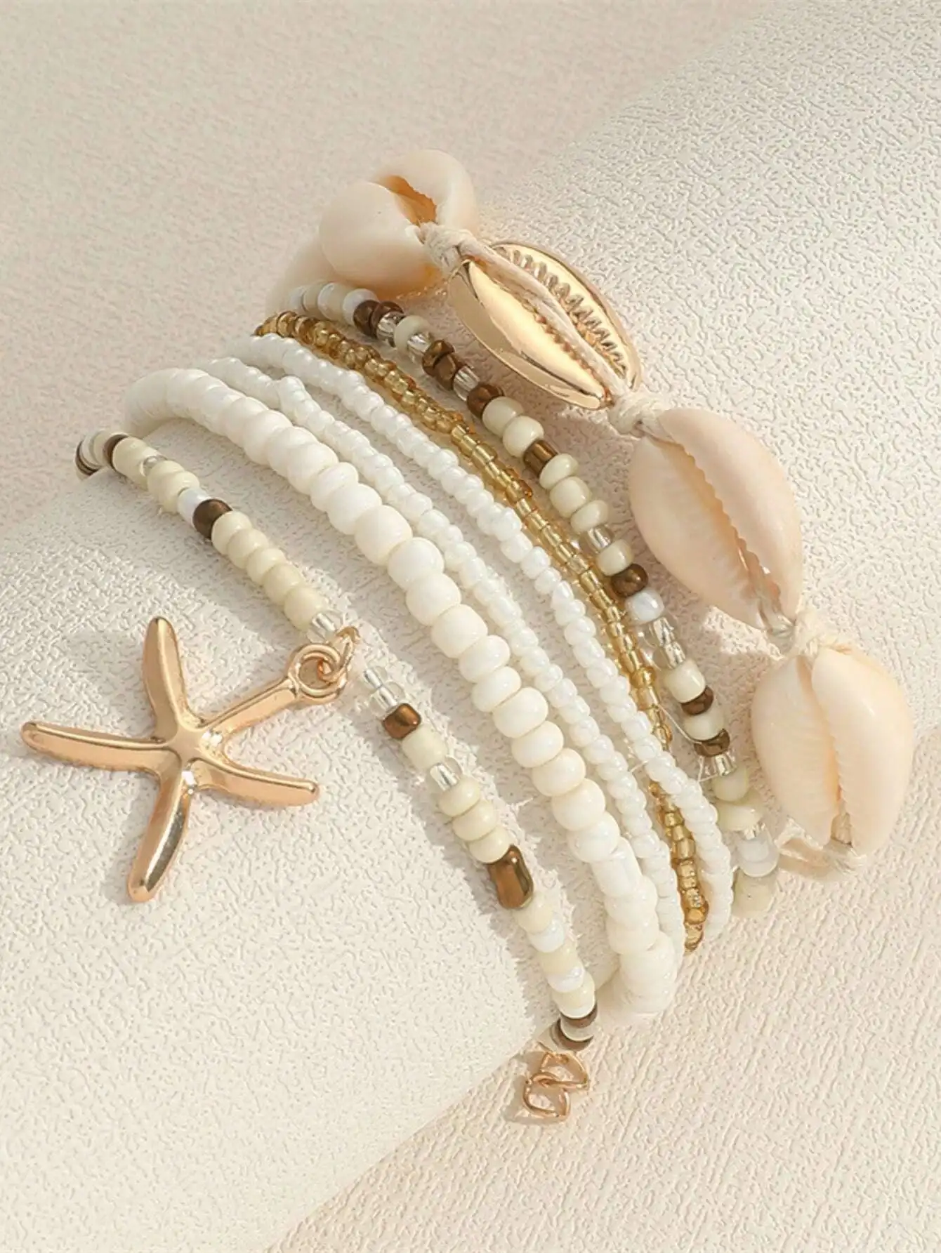 7pcs/Set Simple Alloy Beaded Starfish Braided Shell Rope Anklets For Women, Best Gift For Dating