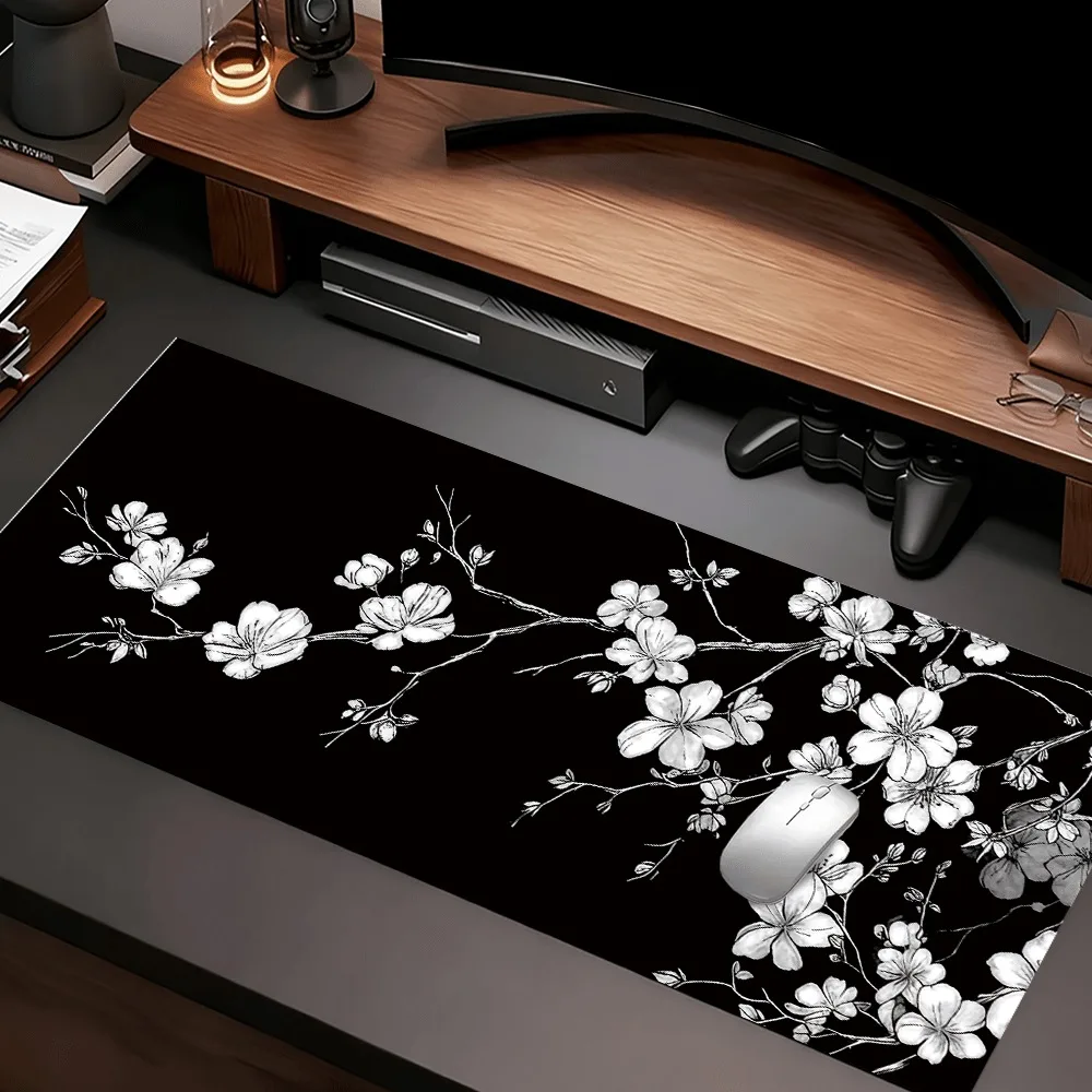 Cherry mouse pad, black and white, retro style, flower mouse pad, ideal office mouse pad, rubber base, suitable for gaming