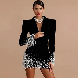 Luxury Pearls Satin Prom Dresses Elegant Beading Full Sleeves Mini Cocktail Party Dress Sexy V Neck Taffeta Short Pageant Gowns