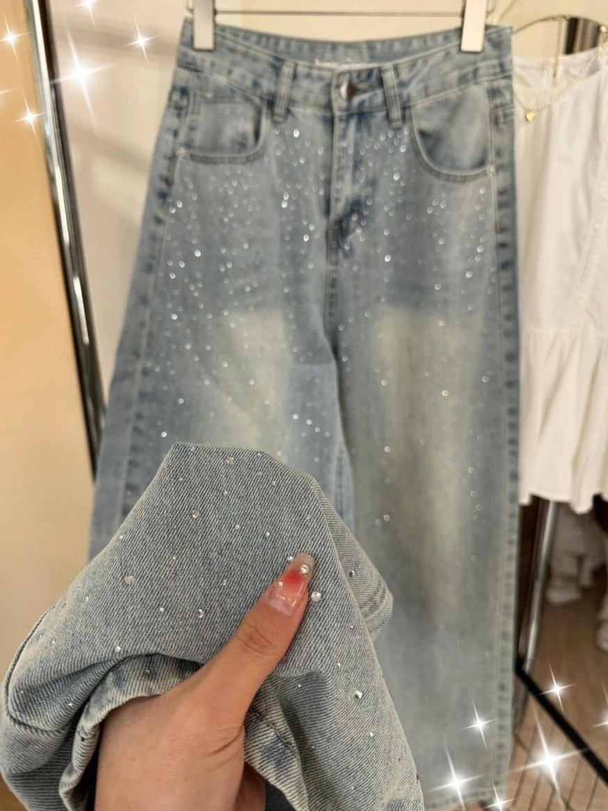 

Shiny Diamond Embellished High Waist Wide Leg Jeans Women's Fashionable Slimming Straight Cut Denim Pants Summer Casual Cotton