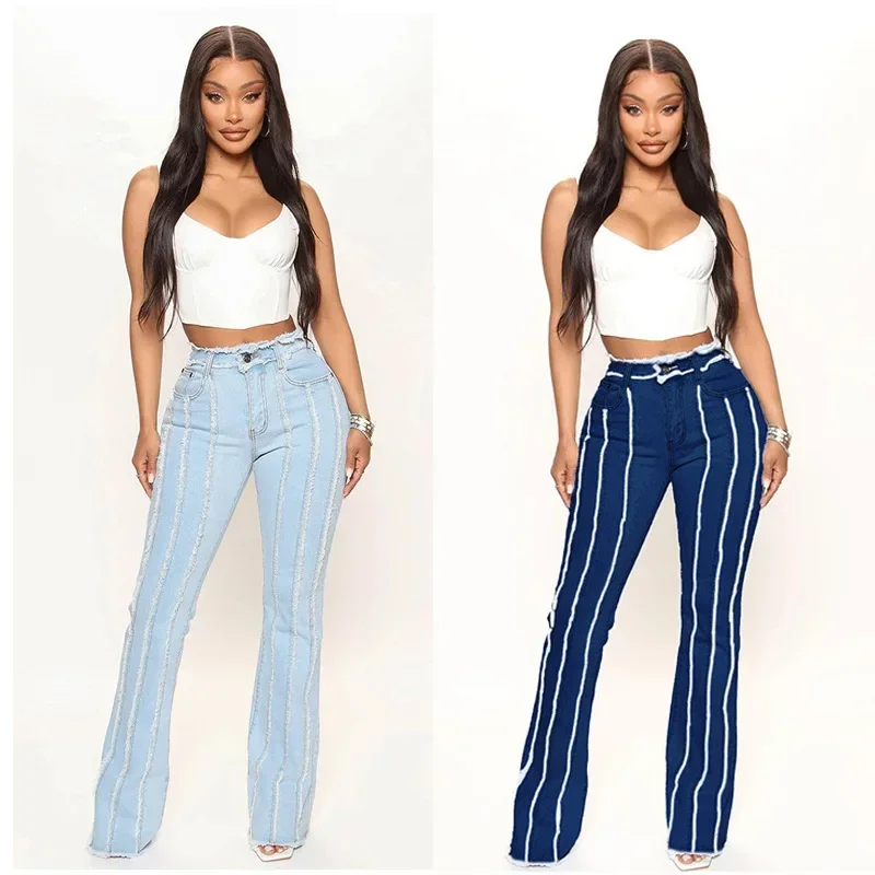 

Women Denim Pants Mid Waist Flare Pants Zipper Fly Slim Fit Flat Pockets Ankle Length Wide Leg Solid Color Streetwear 2024