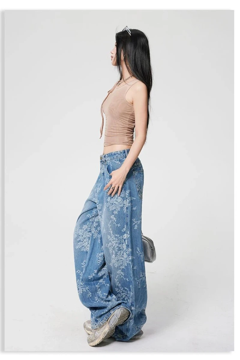 Damskie spodnie Y2K vintage z szerokimi nogawkami, luźny krój, elastyczne jeansy z haftem żakardowym w kwiaty.